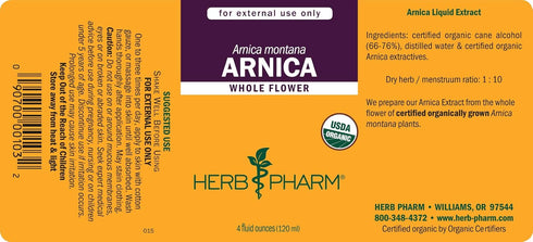 Herb Pharm Certified Organic Arnica Liquid Extract, 4 Ounce for Minor Pain Support