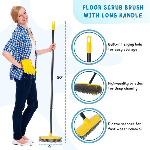 Deck Brush with Long Handle, Scrub Brush for Shower, 50'' Outdoor Floor Scrubber Broom for Cleaning