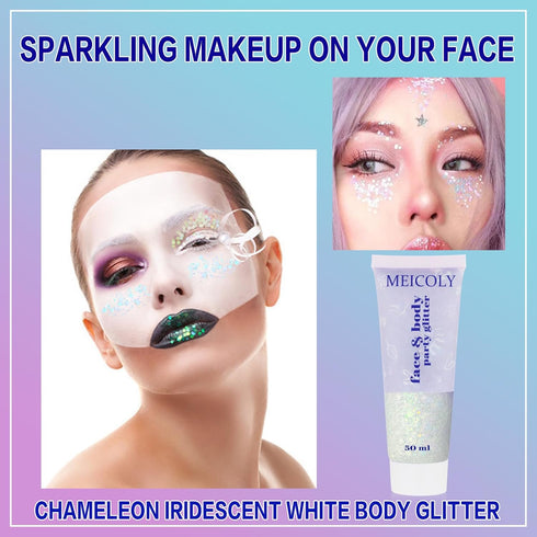MEICOLY Chameleon Iridescent White Body Glitter, Chunky Face Glitter Paint, Color Changing Mermaid Glitter Gel