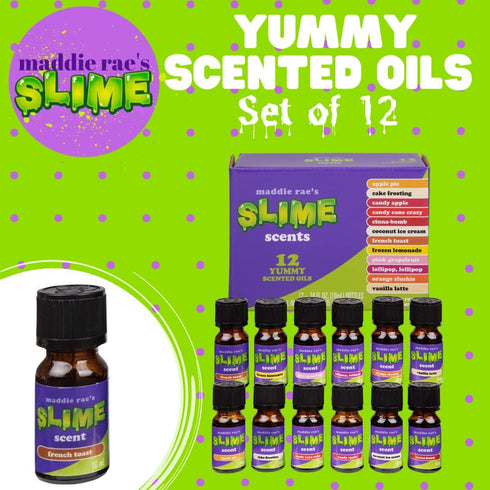Maddie Rae's Slime Yummy Scented Oils (12 Pack) - X Large 10ml (.34 oz) Natural Food Fragrance Bottles for Diffusers, Aromatherapy, Essential Oil, DIY Candle & Soap Making, Crafts, Slime Supplies Kit