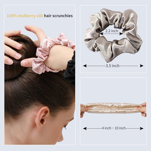 ZIMASILK 100% Mulberry Silk Hair Scrunchies, 19 Momme Elastic Hair Bands for Women and Girls, 3 Pack, Taupe