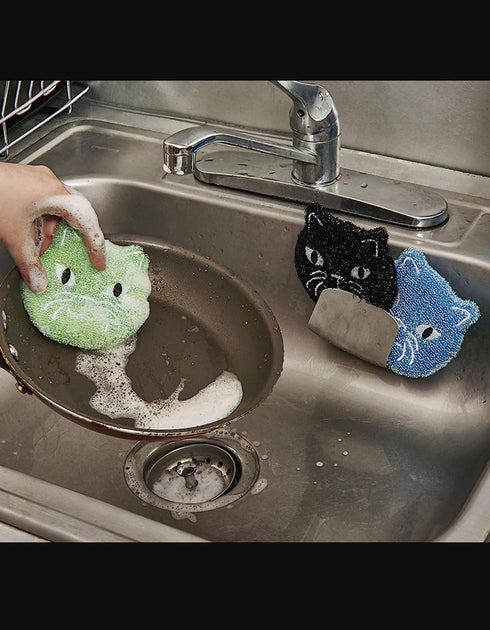 Set 3 Kikkerland Reusable Cat Scrub Sponge Cleaning Supplies for Kitchen, Home Essentials Fun Gifts for Kids & Adults