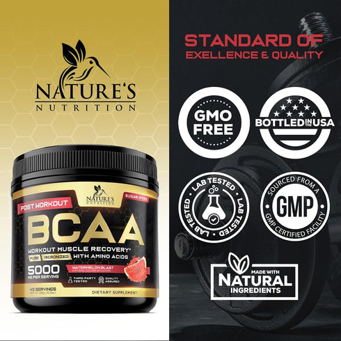 BCAA Powder - 4g BCAAs 2:1:1, 1g Glutamine, B6 - Pre Workout Drink for Energy Boost & Muscle Recovery, Watermelon