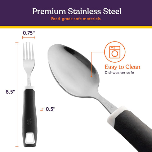 Special Supplies Adaptive Utensils 5-Piece Set Non-Weighted, Non-Slip Handles for Hand Tremors, Arthritis, Parkinson’s or Elderly Use - Stainless Steel Knife, Rocker Knife, Fork, Spoons (Black) by Special Supplies