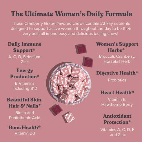 Women's Multivitamin Chews for Immune & Energy Support - Vitamins C, B12, A, D, E, Folic Acid, Probiotics, Biotin -