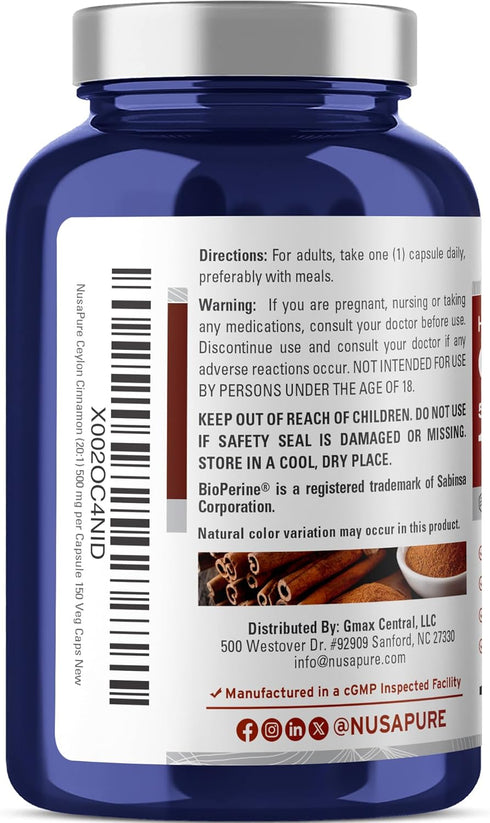 NusaPure Ceylon Cinnamon 20:1 Extract, 500 mg Equivalent to 10,000 mg Per Caps, 150 Veggie Capsules