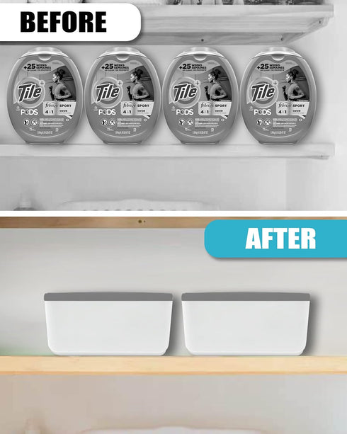 Skywin Laundry Pod Container Holder - Push-Open White with Grey Lid - Holds 11 Pounds, Fits 2 Bottles of Detergent