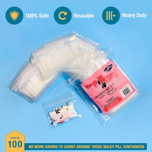 The Pill Bag Gummies 100 Count | Medicine Pill Organizer with Labels for AM/PM | Resealable Disposable Pill Pouches
