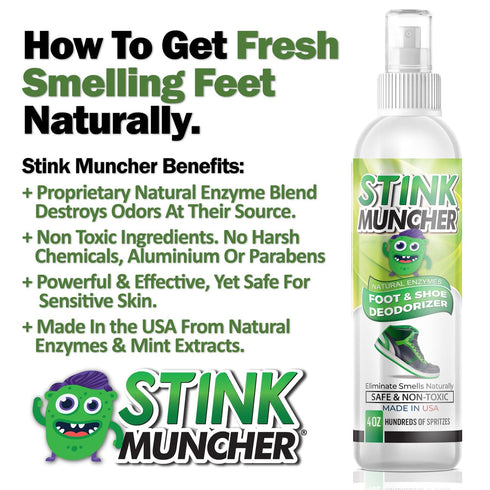 Stink Muncher Natural Enzyme Shoe Deodorizer Spray, Foot Odor Eliminator & Freshener, Made In the USA