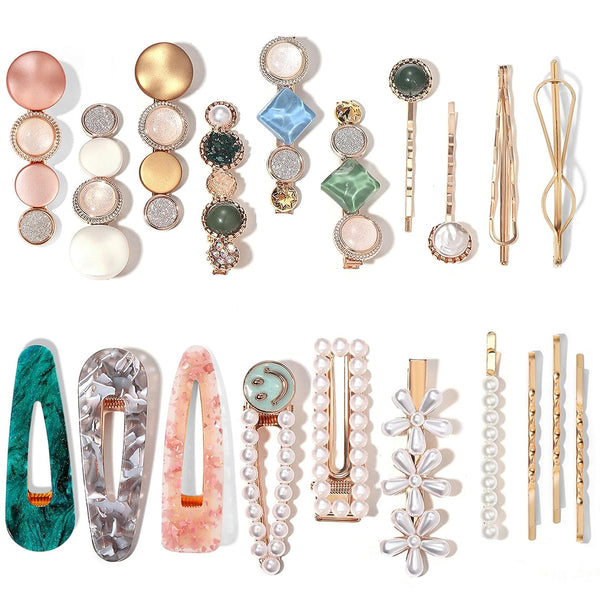 Mehayi 20 PCS Handmade Hair Clips, Pearls and Acrylic Resin Barrettes, Glitter Crystal Geometric Hairpin, Elegant Gold