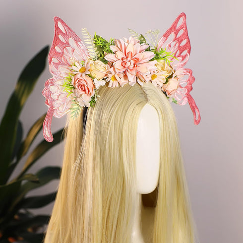MOSTORY Flower Crown with Butterfly Fairy Wings Headband, Elf Woodland Hairband for Renaissance Cosplay Halloween