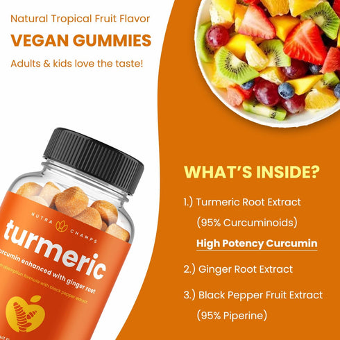 Turmeric Gummies with Ginger & Black Pepper Extract, 120 Gummies (2-Pack of 60), Vegan Natural Curcumin Support