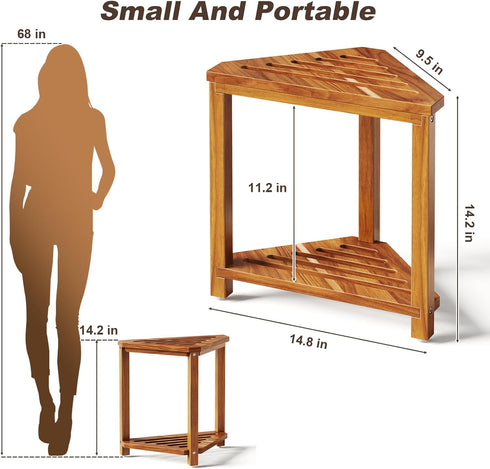 Kzeirm 14" Corner Shower Stool for Inside Shower, Shower Foot Rest Stool for Shaving Legs, Acacia Wood Corner Shower