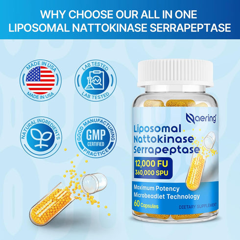 Liposomal Nattokinase 12,000 FU, Serrapeptase 360,000 SPU Enzyme Supplement - 60 Capsules for Circulatory, Gut,