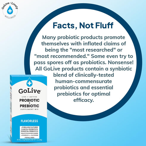 GoLIVE PROBIOTIC + PREBIOTIC SYNBIOTIC POWDER BLEND, Flavorless/Sugarless, 10B-50B CFUs for Gut Health, Digestion &