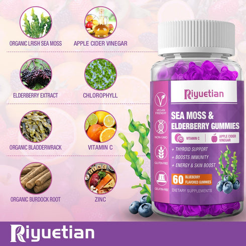 Sea Moss Gummies & Elderberry - Vitamin C + Zinc – Immune & Thyroid Support Gummy Bears for Kids & Adults - 120 Gummies