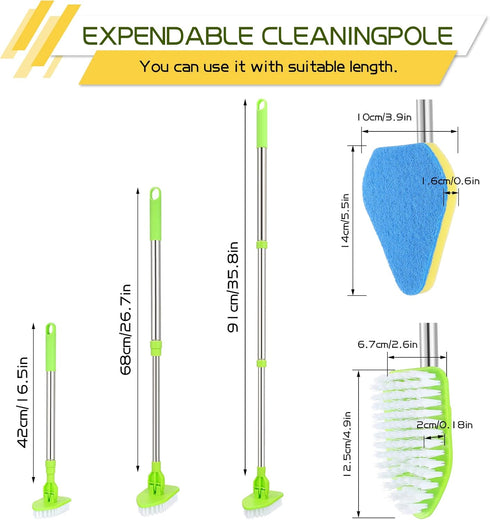 Scrub Cleaning Brush with Long Handle - 2 in 1 Extendable Bathroom Floor Brushes with Stiff Bristles and Sponge Brush
