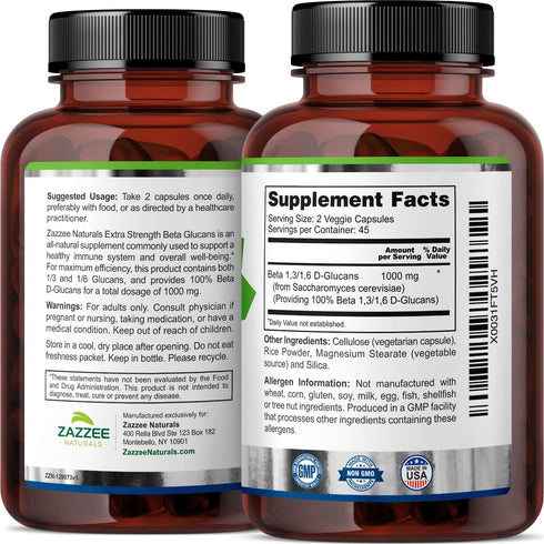 Zazzee Extra Strength 1,3/1,6 Beta Glucans, 1000 mg, 90 Vegan Capsules, 100% Concentrated, Supports Immune System