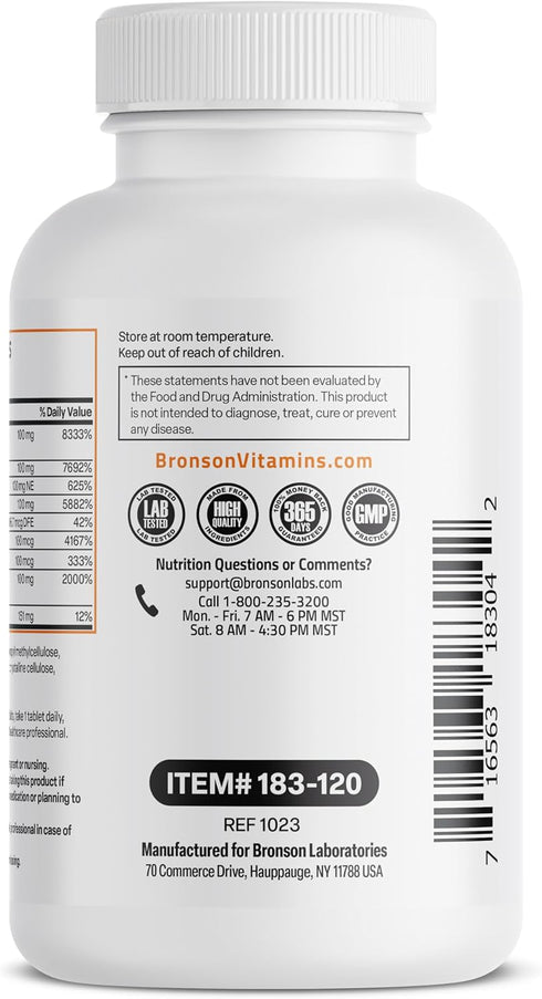 Bronson Vitamin B 100 Complex, 120 Tablets, High Potency Sustained Release (Vitamin B1, B2, B3, B6, B9, B12)