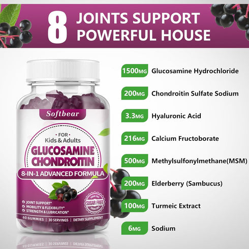 Extra Strength Glucosamine Chondroitin Gummies, Sugar Free, with MSM, Elderberry & Turmeric, Joint & Antioxidant