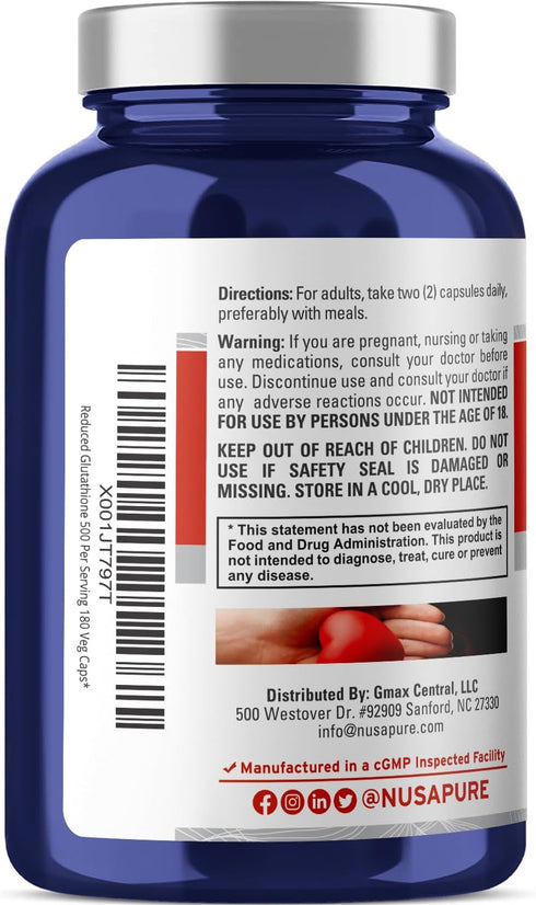 NusaPure Reduced Glutathione 500mg, 180 Veggie Capsules, Vegan & Non-GMO L-Glutathione Supplement