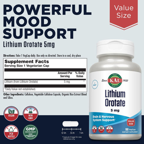 KAL Lithium Orotate 5mg, Low Dose Lithium Supplement for Brain, Nervous System and Mood Support, Chelated and Highly Bioavailable, Vegan, Non-GMO, Organic Rice Extract Blend, 180 Servings, 180 VegCaps