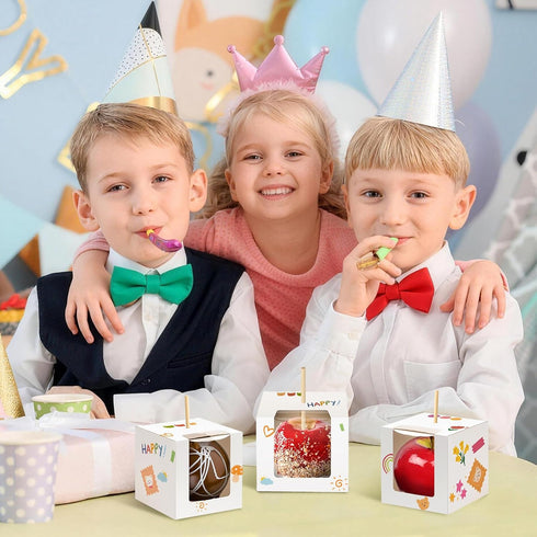 Ocmoiy 30 Pack 4" 4" 4" Candy Apple Boxes with Sticks, x x Kraft Caramel Apple Gift Box with Clear Window for Wedding