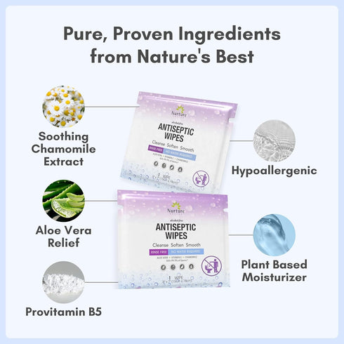 XL Individually Wrapped Nurture Antibacterial Body & Hand Wipes | Alcohol-Free Antiseptic Wet Disinfecting Towelettes