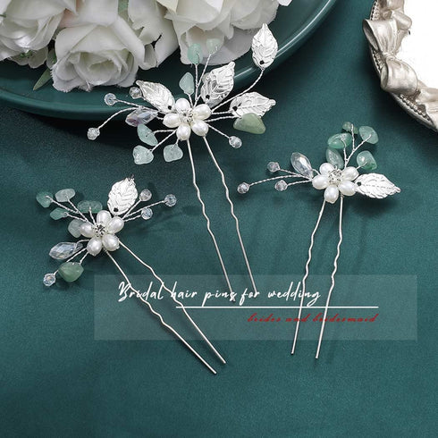 Heread Silver Leaf Bridal Hair Accessories Pearl Flower Hair Pins with Green Opal Rhinestones (Pack of 3)