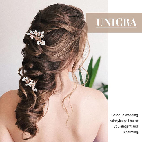 Unicra Bridal Hair Pins, Pack of 2 Rose Gold Crystal Flower Hair Accessories for Women and Girls Party Hair Clips