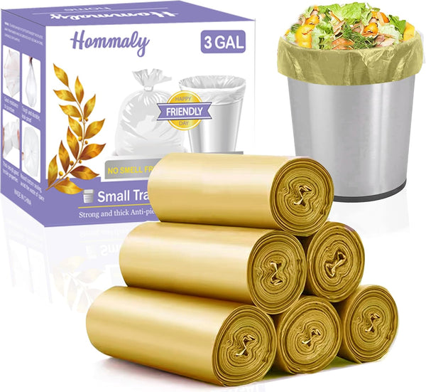 3 Gallon Small Gold Trash Bags, 180pcs, Fit 2.6-3.2 Gal, Strong Plastic Garbage Bags for Bathroom Bin Liners