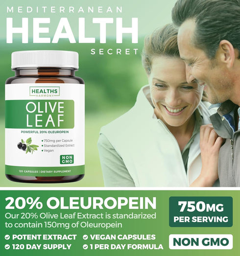 Olive Leaf Extract (Non-GMO) Super Strength 20% Oleuropein - 750mg Vegetarian Immune Support Supplement, 120 Capsules