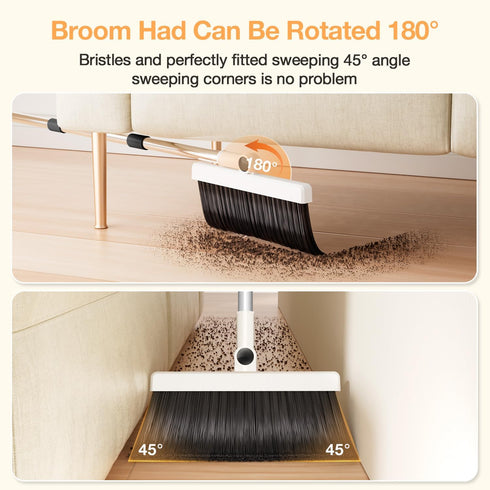 UOEOS Broom with Dustpan Combo Set, Pet Hair Removal Broom with Self-Cleaning Double-Layer Teeth for Indoor & Outdoor