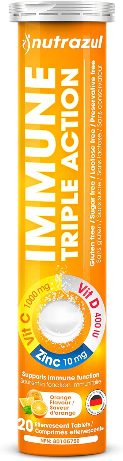 nutrazul Immune Triple Action Effervescent Tablet - 1000 mg Vitamin C, Vitamin D, Zinc, Orange 20's (Pack of 3), Gluten