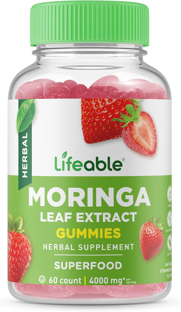 Lifeable Moringa Leaf Extract 4000mg, Natural Flavor Gummy Supplement, Non-GMO Vegan Chewable (60 Gummies)