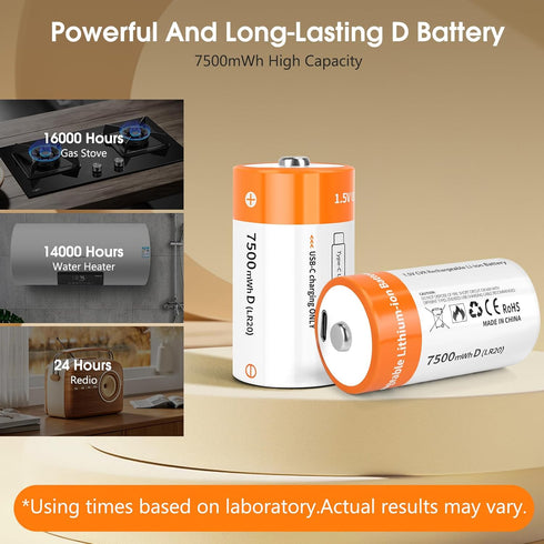 TEMIBATT 8 Pack, 1.5V 7500mWh Rechargeable D Batteries Lithium D Battery with USB-C Charging Cable, Long-Last