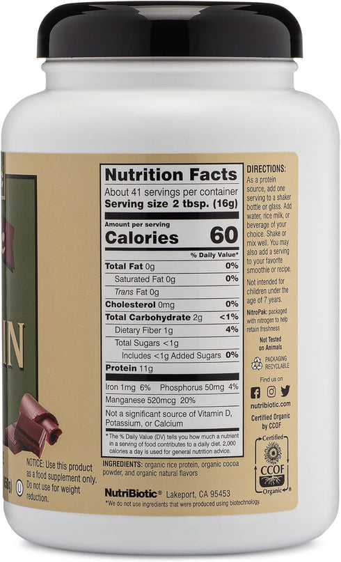 NutriBiotic Certified Organic Rice Protein Chocolate, 22.9 Oz - Low Carbohydrate Vegan Protein Powder