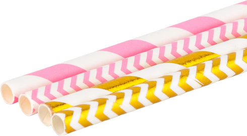 Paper Straws 200 Pack, Biodegradable Gold and Pink Striped Design, 8.25" for Parties