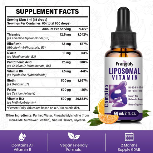 Liposomal Vitamin B Complex Liquid Sublingual Supplement for Women Men - Improved Absorption Methylated B12, B1, B2,