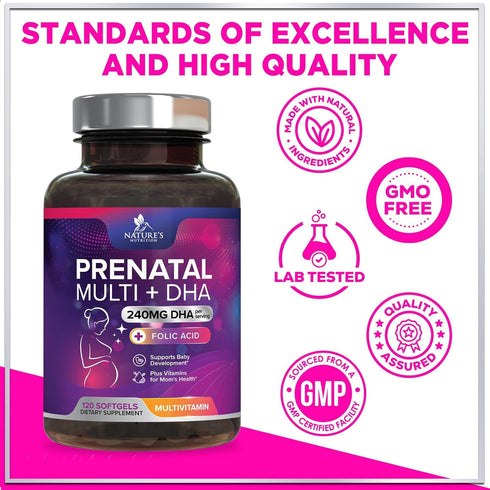 Women's Prenatal Multivitamin with Folic Acid + DHA, 120 Softgels - Prenatal Vitamin Supplement for Fetal Support