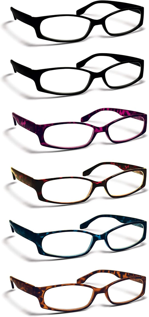 Boost Eyewear 6 Pack Reading Glasses, Modern Fashion Frames for Women and Men, Solid Black, Blue, Red, Purple, Tortoise