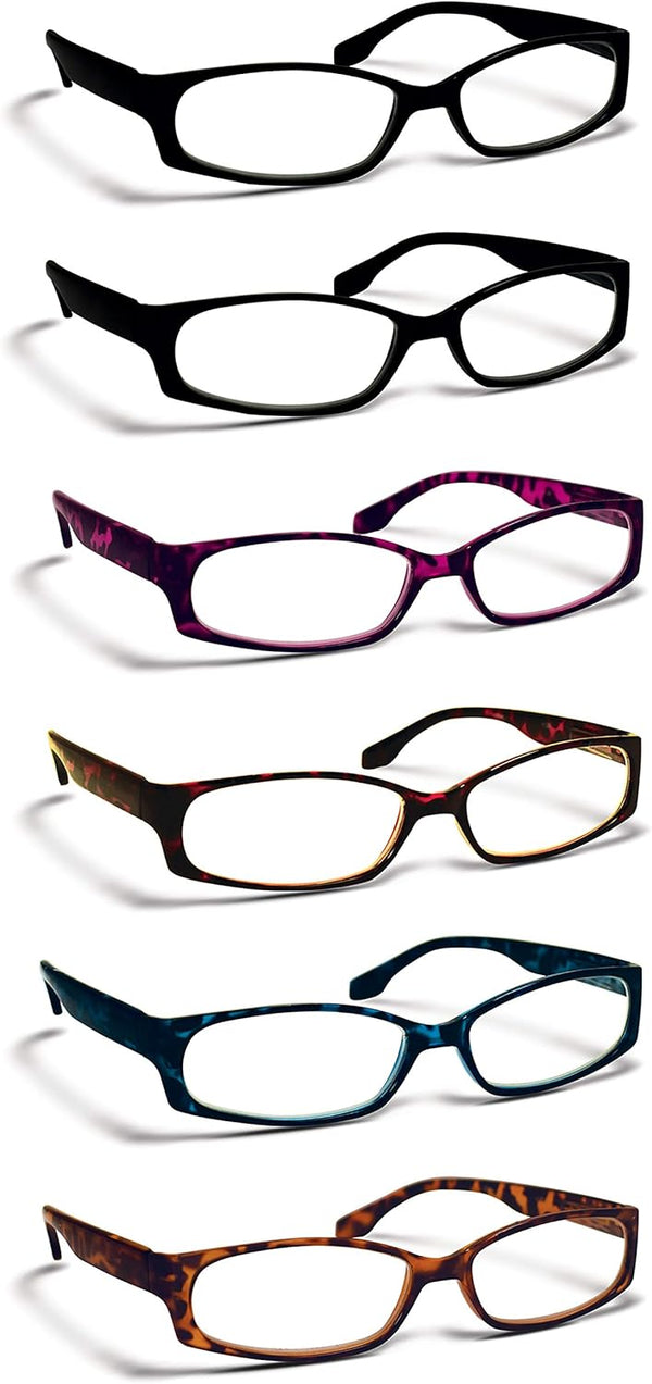 Boost Eyewear 6 Pack Reading Glasses, Modern Fashion Frames for Women and Men, Solid Black, Blue, Red, Purple, Tortoise