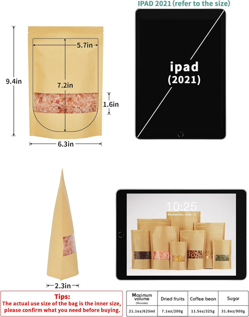 FireKylin 100 Pcs Kraft Paper Bags with Window, 6.3" x 8.6" Stand Up Pouches Bags, Zip Lock Food Storage Bags for Packaging Products, Reusable, Sealable