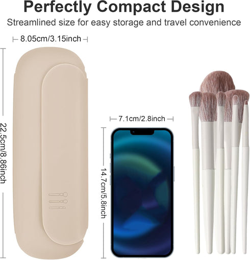 Travel Makeup Brush Holder, Upgrade Khaki Silicone Cosmetic Face Brushes Case, Magnetic Anti-fall Out Makeup Tools
