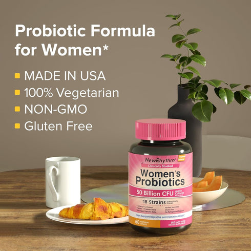 NewRhythm Women's Probiotics with Organic Cranberry for Feminine Health, 50 Billion CFU, 60 Vegan Capsules