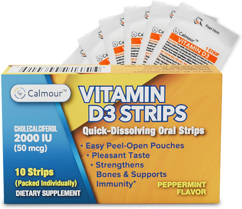 CALMOUR Vitamin D3 Strips | 2000 IU Oral Dissolvable Strips | 10 Pack | Peppermint Flavor, Boost Immunity & Focus