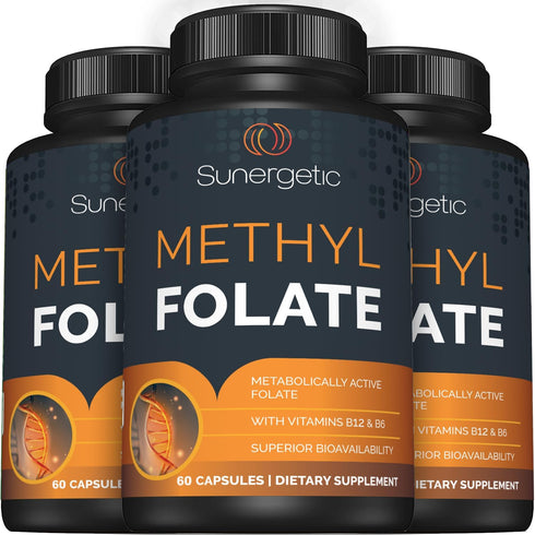 Sunergetic Premium Methyl Folate Supplement – Methylated Vitamin B12 and B6, 400 mcg per Capsule – 60 Capsules