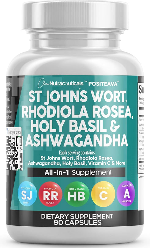 Clean Nutraceuticals St Johns Wort - 90 Caps - 10000mg Rhodiola Rosea, 20000mg Holy Basil, 3000mg Ashwagandha, Mood