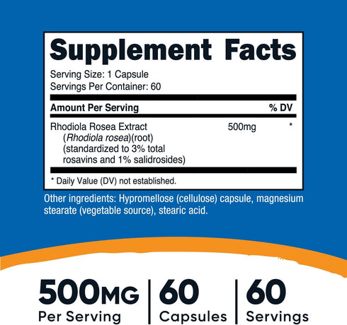 Nutricost Rhodiola Rosea 500mg, 60 Vegetarian Capsules - Gluten Free and Non-GMO Rhodiola Rosea Supplement