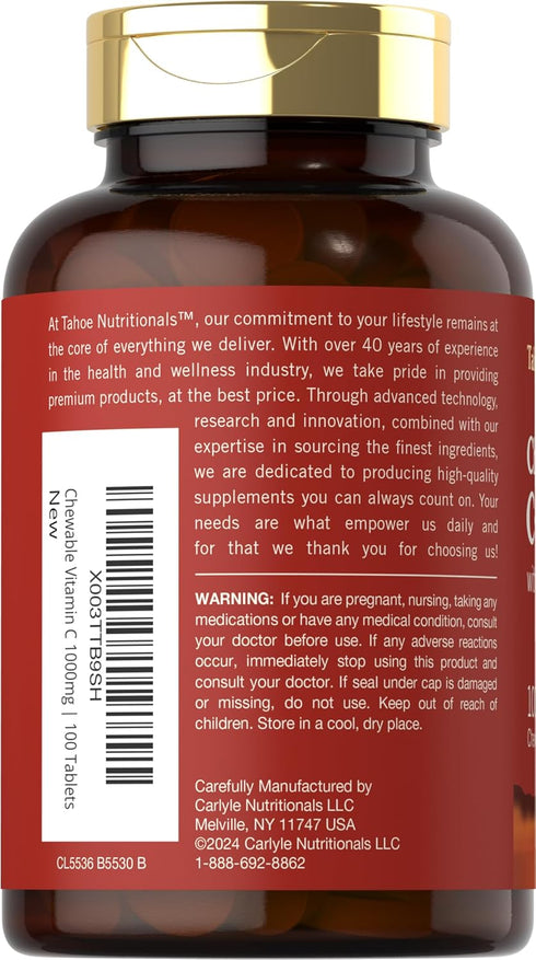 Tahoe Nutritionals Carlyle Vitamin C Chewables | 1000mg | 100 Tablets | Vegetarian, Non-GMO, Gluten Free, Natural